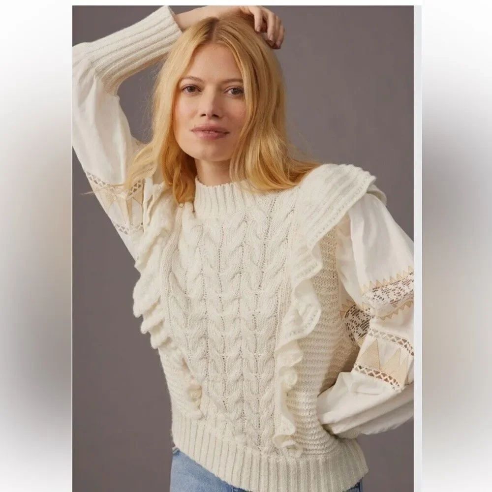 Anthropologie Cable Knit Embroidered Puff Sleeve Sweater Size Small Ivory Cream